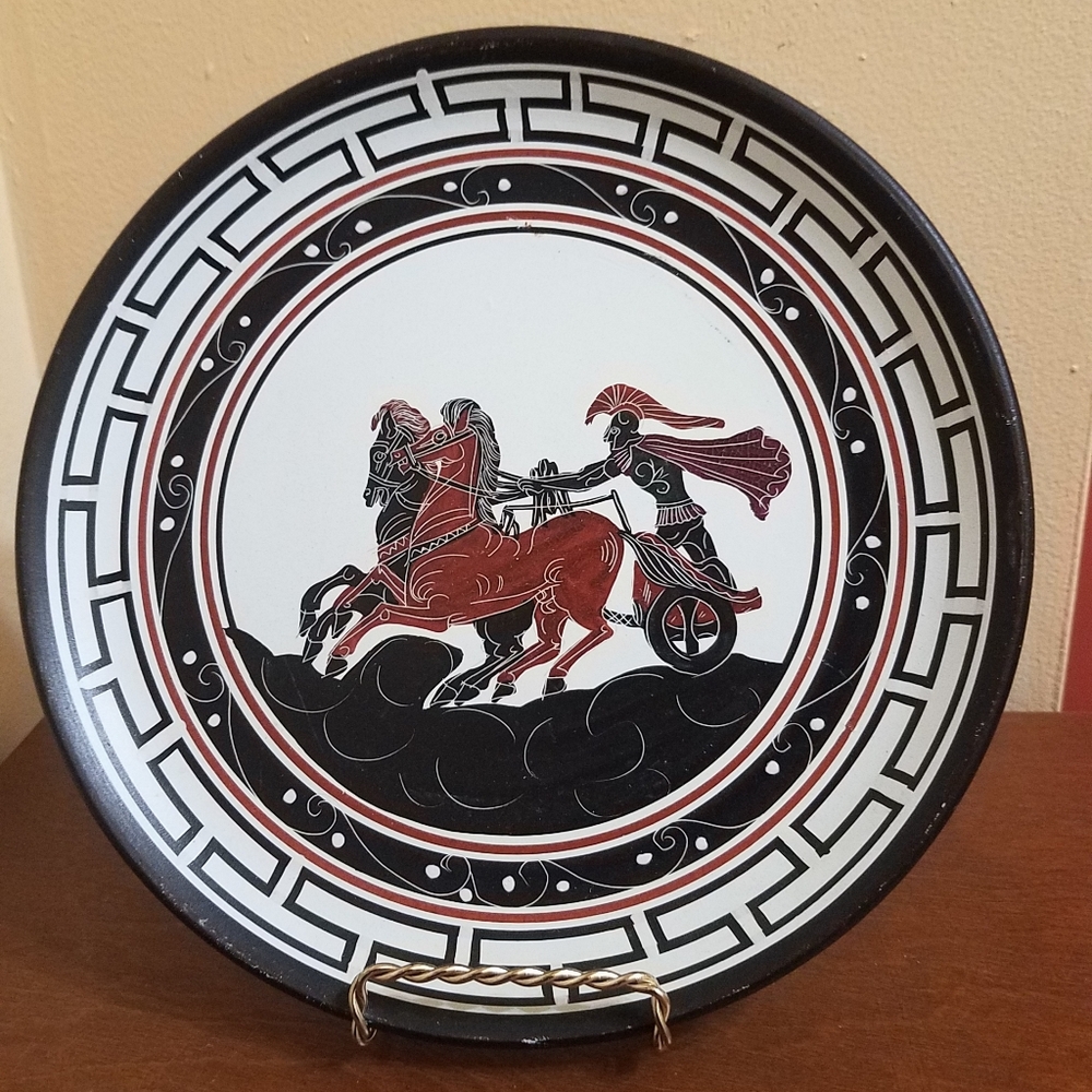 CHARIOT SCENE HANDPAINTED, RED CLAY WALL PLATE